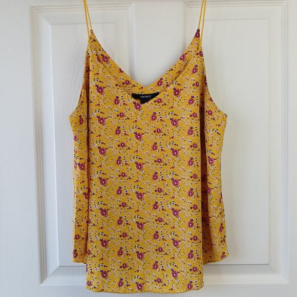 Forever 21 Tops - Forever 21 Spaghetti Strap Cami Tank Top Small yellow pink floral pattern V-neck